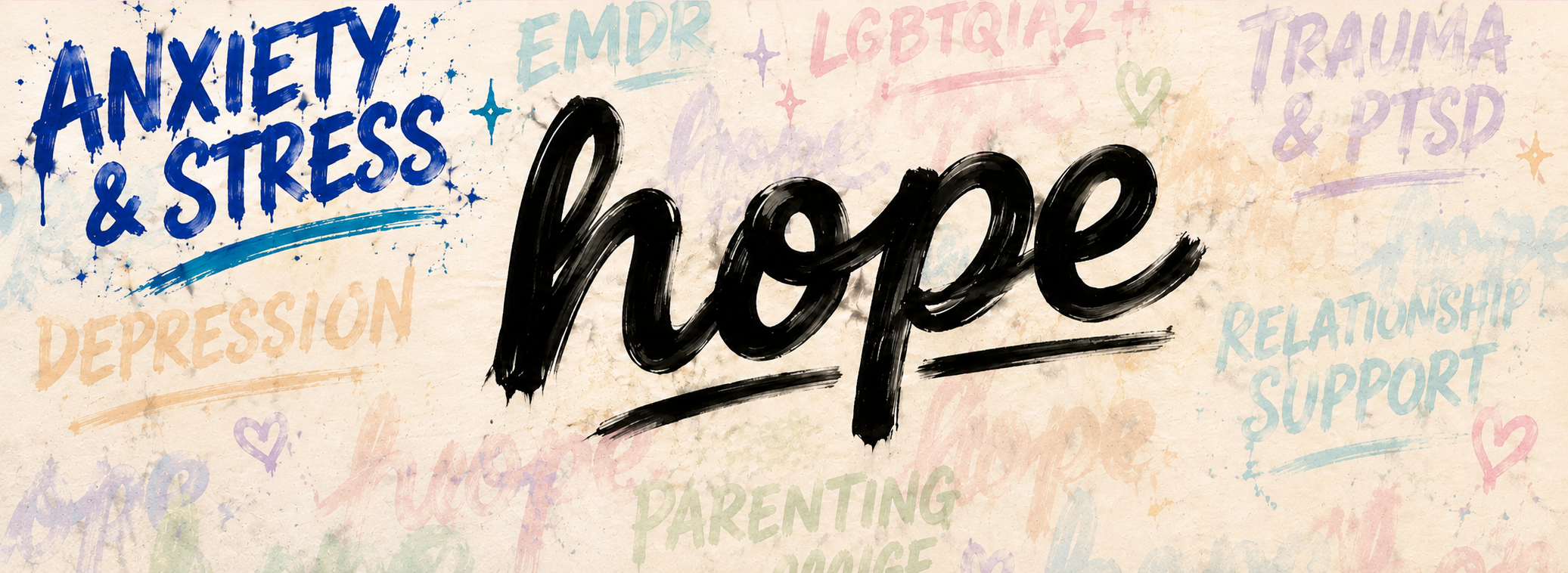 Anxiety and Stress therapy HOPE banner with Anxiety and Stress highlighted in blue and other Inspired Hope Therapy services faded in the background