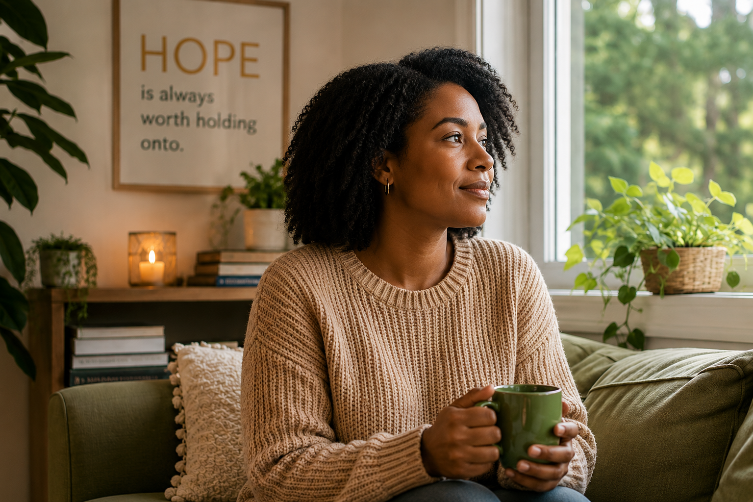 Black woman sitting comfortably in a warm home setting representing supportive therapy at Inspired Hope Therapy