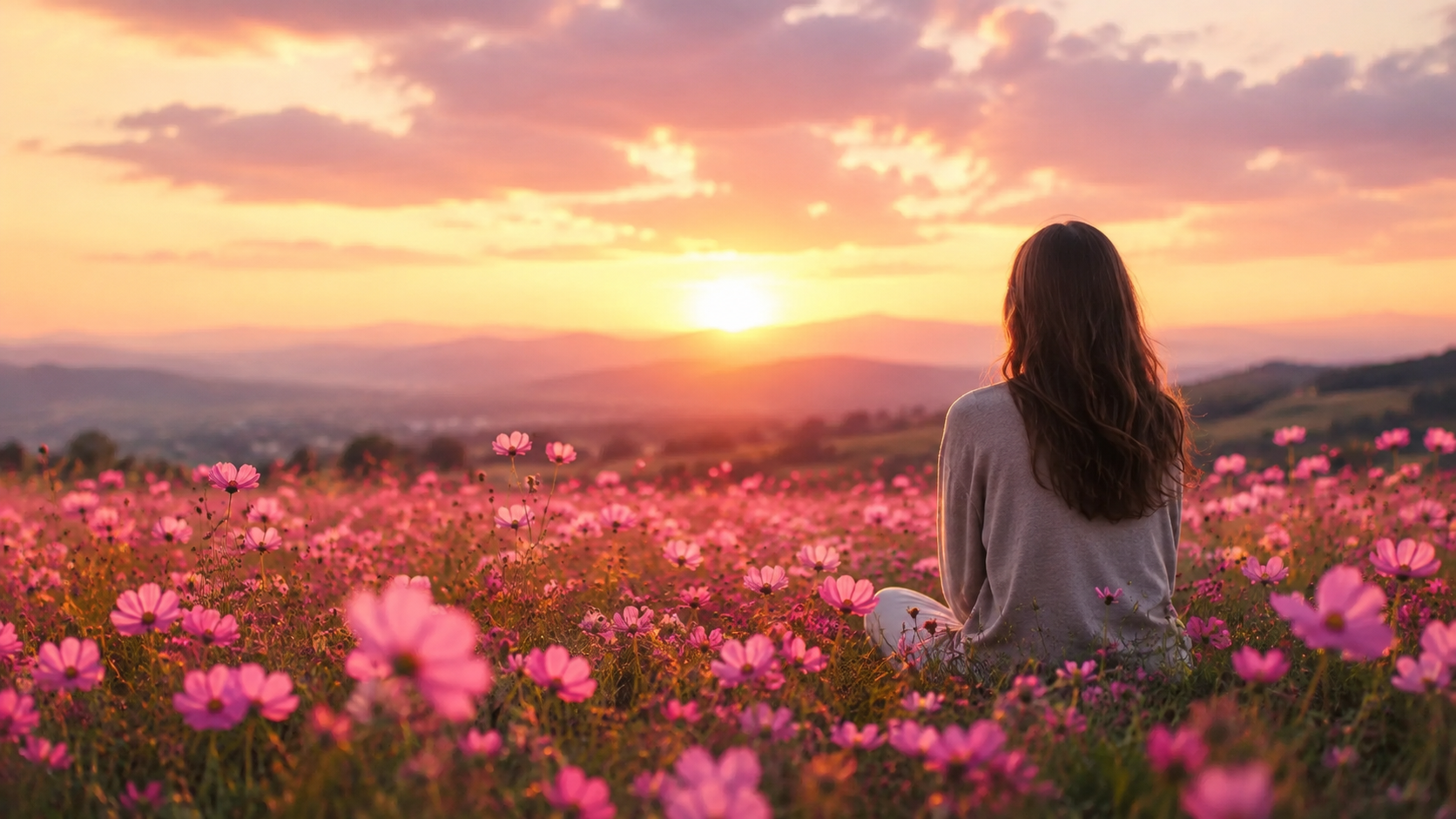 Woman sitting quietly in a pink wildflower field at sunset representing reflection, calm, and anxiety and stress therapy at Inspired Hope Therapy in Montclair, NJ