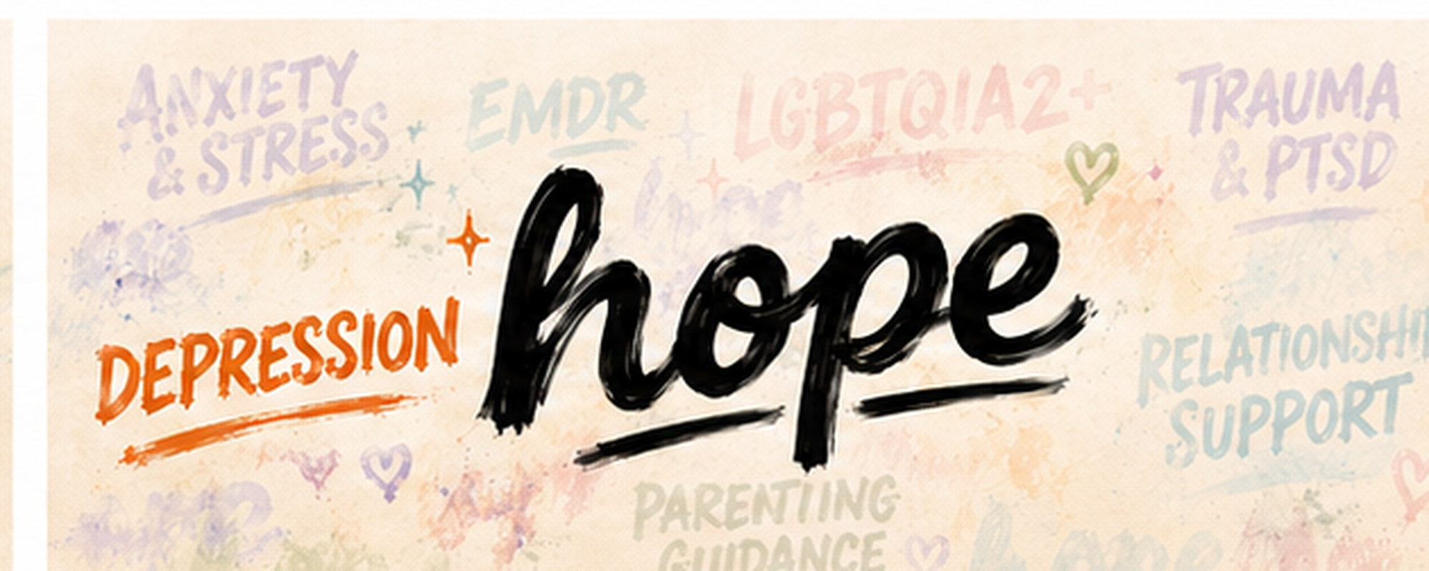 Depression therapy banner with Depression highlighted in orange and other Inspired Hope Therapy services faded in the background