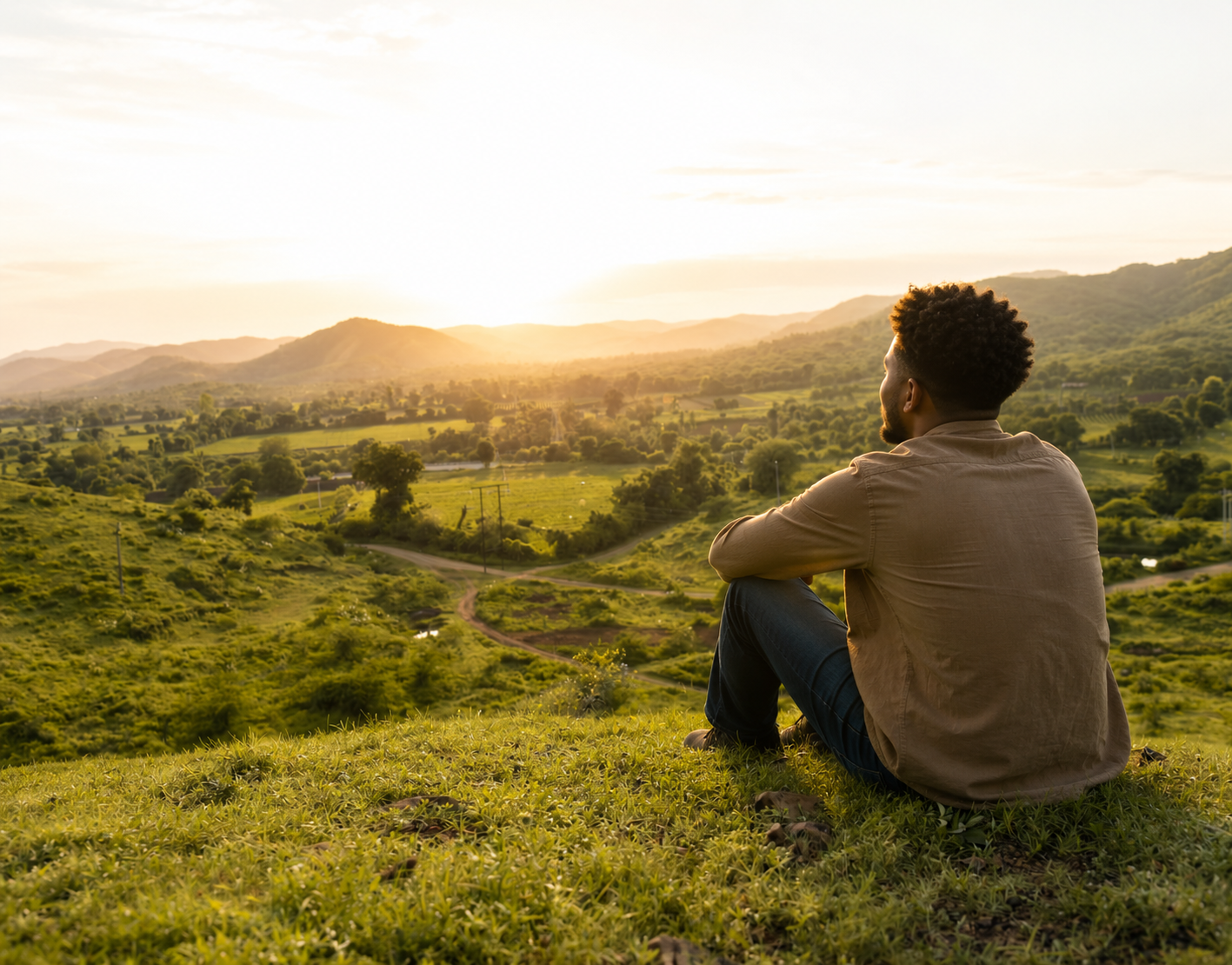 Black man sitting on a grassy hillside overlooking a peaceful valley at sunset representing reflection and hope during depression therapy