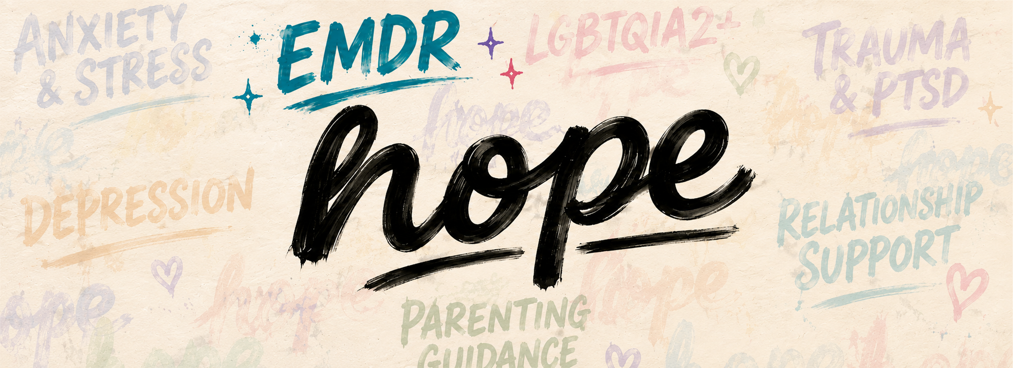 EMDR therapy banner with EMDR highlighted in teal and other therapy services faded around the Inspired Hope mural in Montclair, NJ