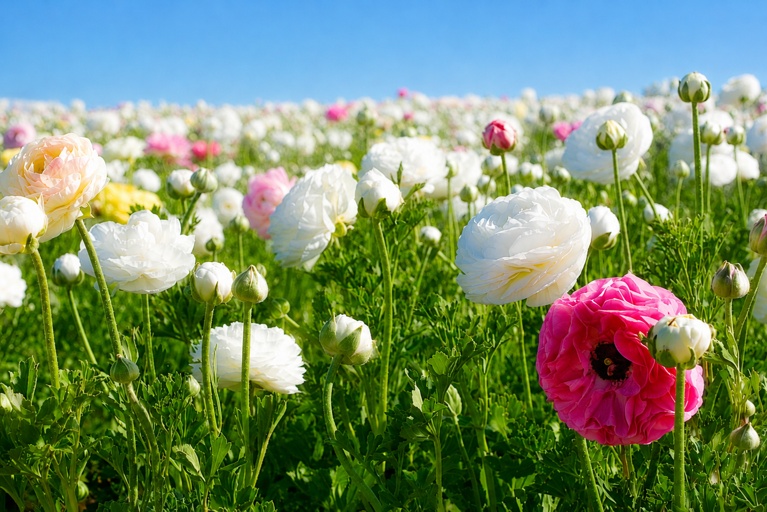 Bright ranunculus flower field under a blue sky representing growth, calm, and healing during EMDR therapy at Inspired Hope Therapy in Montclair, NJ
