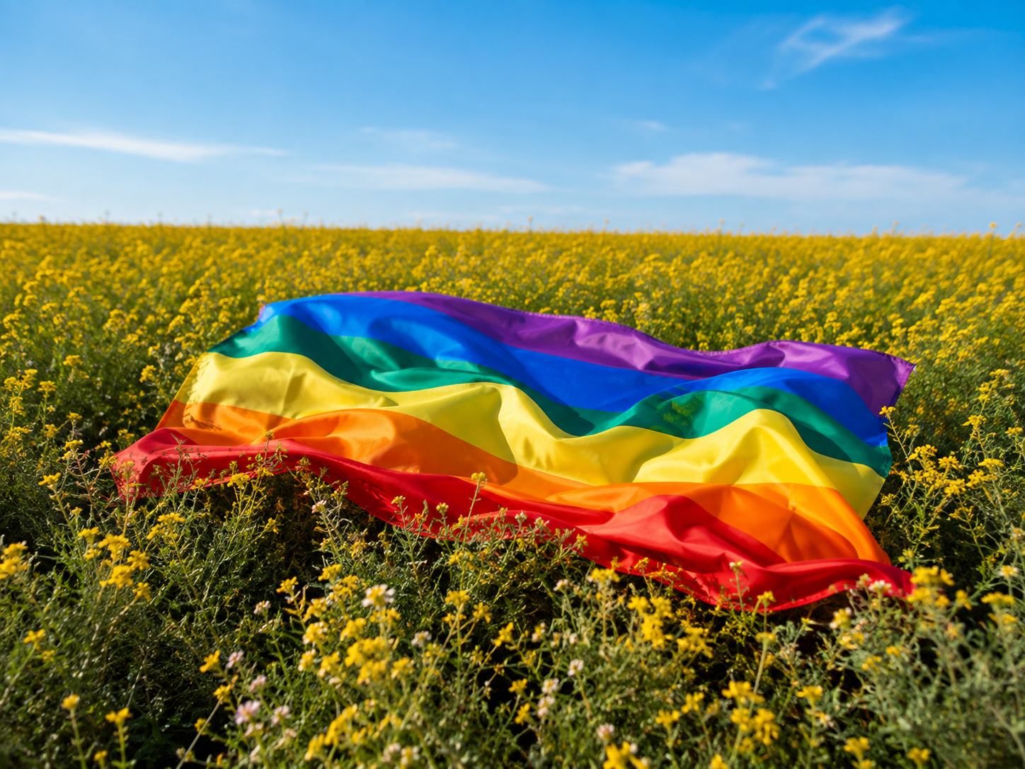 Rainbow pride flag resting in a yellow wildflower field under a blue sky representing LGBTQIA2+ identity, affirmation, belonging, and support at Inspired Hope Therapy in Montclair, NJ