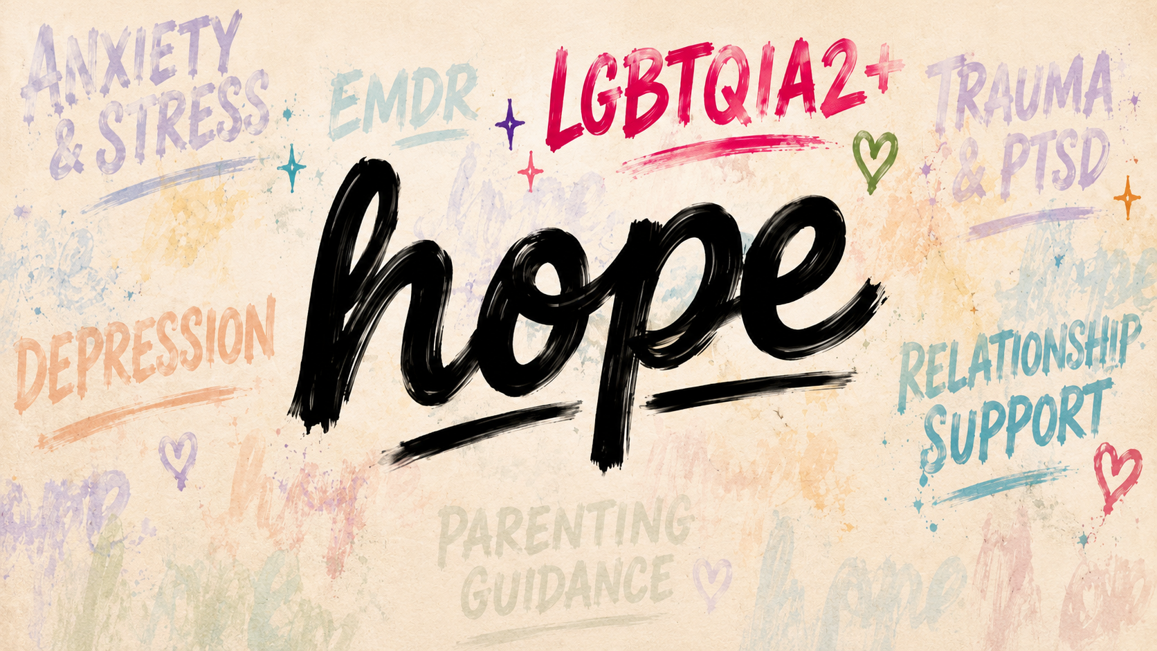 LGBTQIA2+ support banner with LGBTQIA2+ highlighted in pink and the other Inspired Hope Therapy services faded in the background