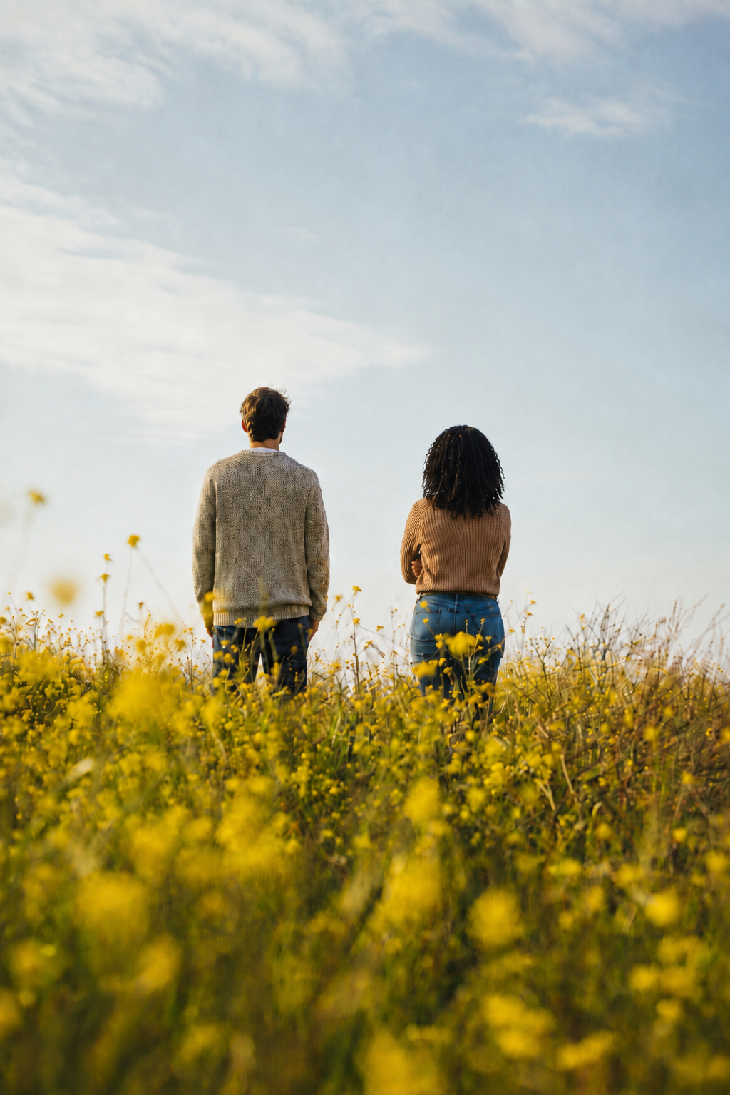 Couple standing apart in a wildflower field with the Black woman’s arms folded, representing emotional distance and relationship concerns at Inspired Hope Therapy in Montclair, NJ