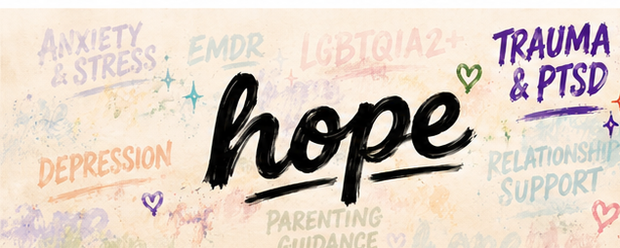 Trauma and PTSD therapy banner with Trauma & PTSD highlighted and other Inspired Hope Therapy services faded in the background