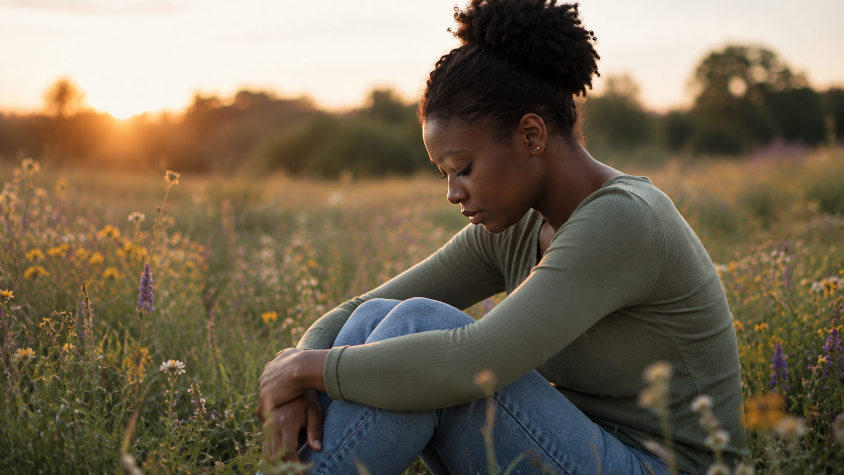 Black woman sitting quietly in a wildflower field representing reflection, grounding, and healing after trauma at Inspired Hope Therapy in Montclair, NJ